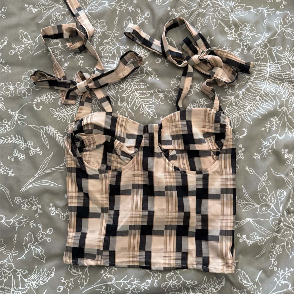 Plaid Bustier Ribbon Strap Tie Top